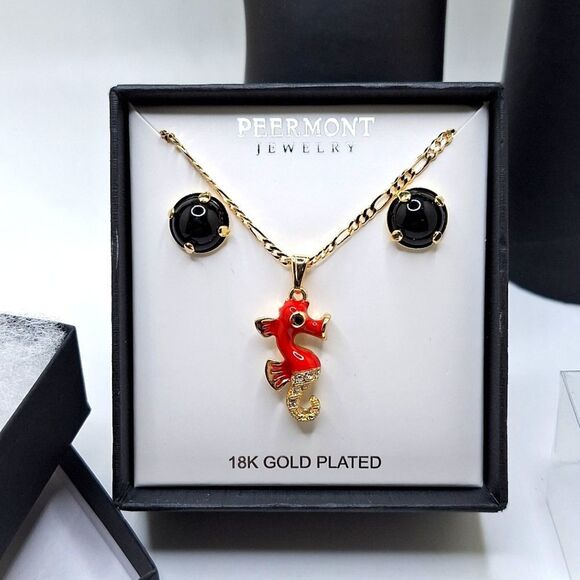 18k gold plated figaro chain with Red seahorse charm pendant black onyx studs - Picture 1 of 12